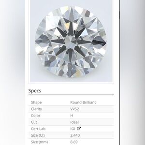 Lab grown diamond. Certified. H color, VVS2 clarity, 2.44 cts, round stone.